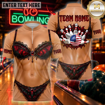 Maxcorners Bowling Sexy Bikini Body Abs Pin Strike Design Customized Name, Team Name 3D Shirts