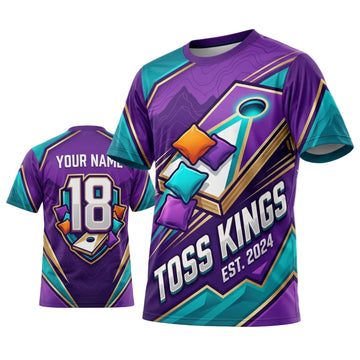 Maxcorners Cornhole Toss Kings Purple Teal Personalized Name 3D Unisex Shirt