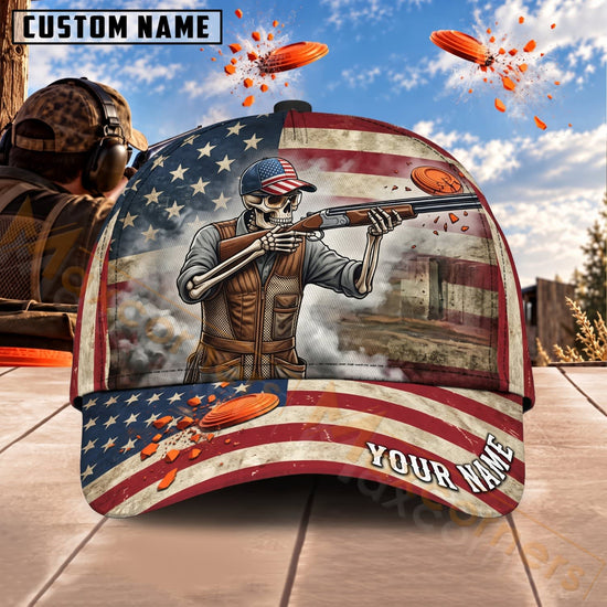Maxcorners Trap & Skeet Shooting Patriotic Skeleton Shooter Personalized Name 3D Cap