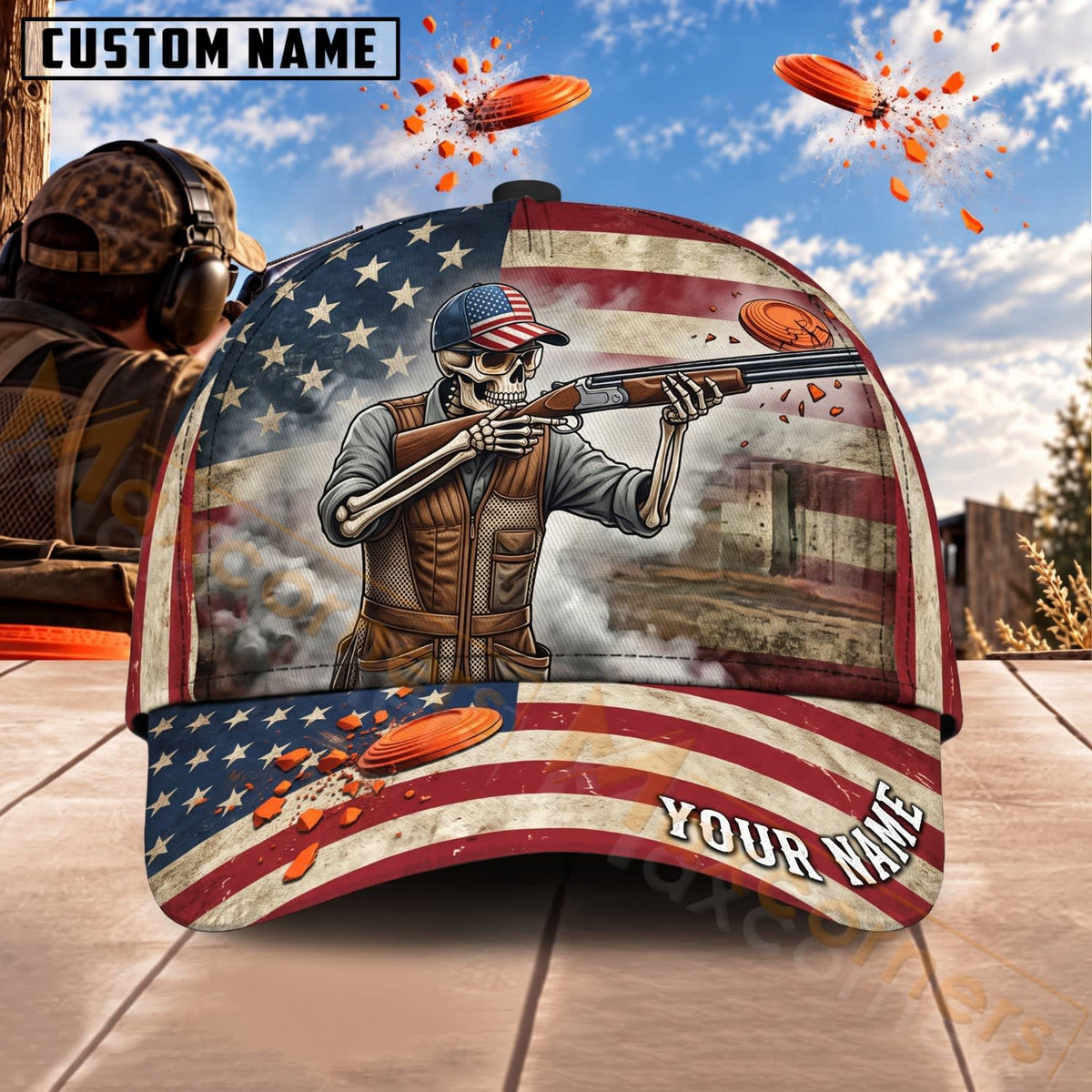 Maxcorners Trap & Skeet Shooting Patriotic Skeleton Shooter Personalized Name 3D Cap