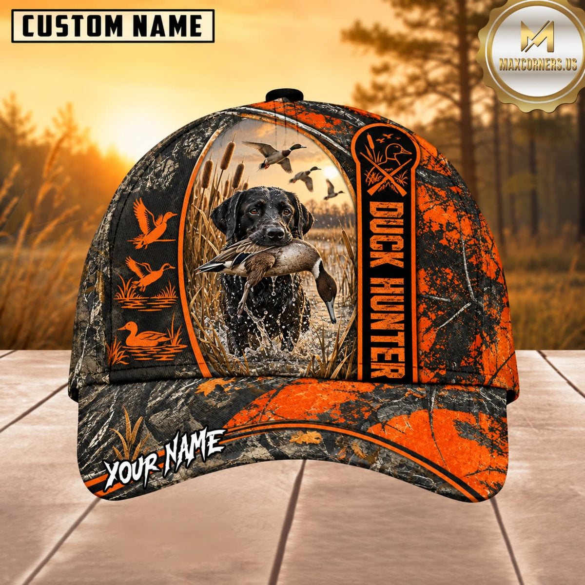 Maxcorners Dog Hunting And Duck Orange Black Duck Hunter Stripe Design Multiple Options Personalized Name 3D Cap
