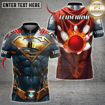 Maxcorners Bowling Blue Gold Metallic Armor Red Bowling Ball Personalized Name 3D Unisex Shirt