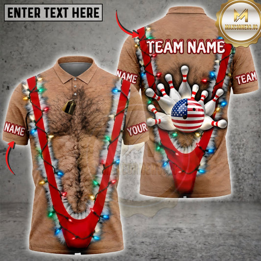 Maxcorners Bowling Funny Hairy Chest USA Patriotic Bowling Pins Personalized Name 3D Unisex Shirt