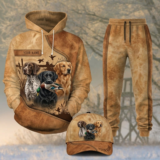 Maxcorners Duck Hunting Three Dogs Vintage Tan Leather Personalized 3D Shirts