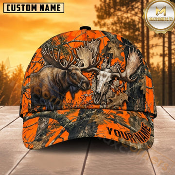 Maxcorners Moose Hunting Bull Moose Moose and Skull Orange Autumn Camo Customized Name 3D Cap