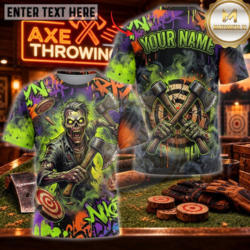 Maxcorners Axe Throwing Neon Green Graffiti Zombie Personalized Name 3D Unisex Shirt
