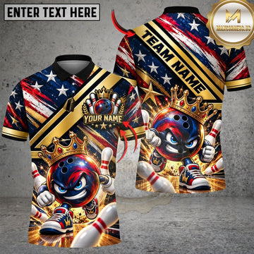 Maxcorners Bowling American Flag Crown Mascot Character Flying Ball Pins Graphic Customized Name, Team Name 3D Shirts