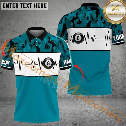 Maxcorners Billiard Ball 8 Heartbeat Camo Pattern Multicolor Options Personalized Name, Team Name 3D Polo Shirt (4 Colors)
