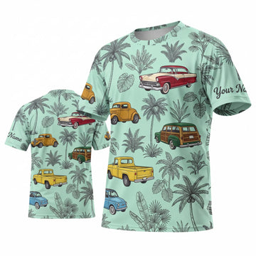 Maxcorners Personalized Car Classic Muscle Car 3D T-Shirt – Mint Green Tropical Palm Trees and Retro Cars