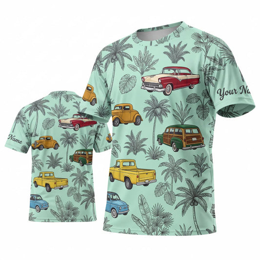 Maxcorners Personalized Car Classic Muscle Car 3D T-Shirt – Mint Green Tropical Palm Trees and Retro Cars
