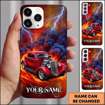 Maxcorners Hot Rod Red Classic Car with Blue Lightning and Flaming Storm Personalized Name 3D Phone Case