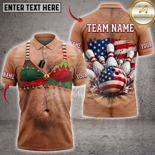 Maxcorners Bowling Funny Muscular Chest American Flag Bowling Pins Personalized Name 3D Unisex Shirt