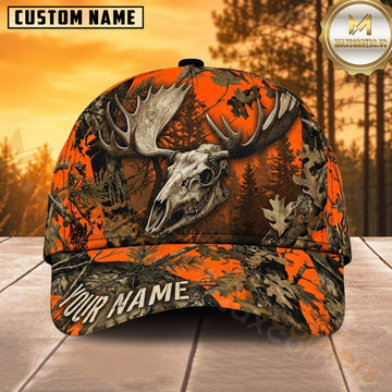 Maxcorners Moose Hunting Bull Moose Antler Skull and Orange Leaf Forest Camo Customized Name 3D Cap