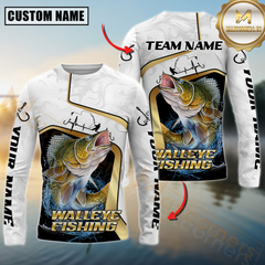 Maxcorners Fishing White Marble & Gold Trim Mahi Mahi Splash Heartbeat Line Personalized Name, Team Name 3D Long Sleeve Shirt (Large Mouth Bass, Walleye, Trout, Crappie, Catfish, Pike)