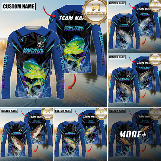 Maxcorners Saltwater Fish Fishing Neon Sport Jersey Style Personalized Name, Team Name Long Sleeve Shirt (6 Breeds)
