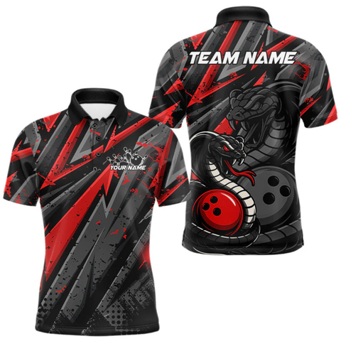 Maxcorners Custom Grunge Black And Red Cobra Snake Bowling Men Polo Shirts With Team Name For Bowlers LM054