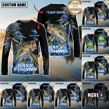 Maxcorners Fishing Hooked Jump Splash Personalized Name, Team Name Long Sleeve Shirt (8 Fish Species)