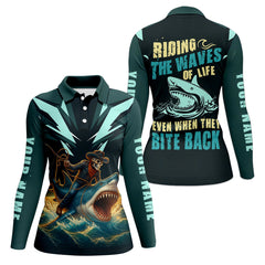 Maxcorners Riding The Waves Of Life Even When They Bite Back SPF Shirt, Funny Fishing Shirt, Female Fishing Shirts