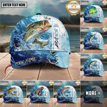 Maxcorners Fishing Blue Water Splash Hook Personalized 3D Classic Cap (12 Fish Species)