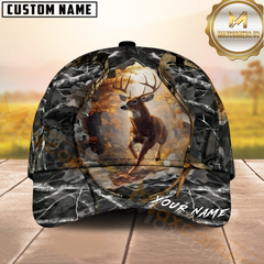 Maxcorners Hunting Jumping Deer Autumn Sunset Forest Camo Custom Name 3D Cap