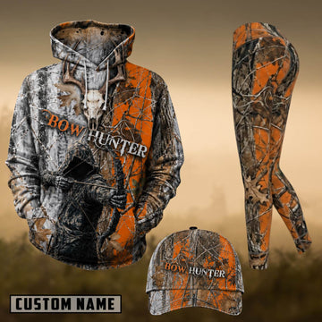 Maxcorners Hunting Bow Hunter Deer Skull Orange Camo 3D Combo Hoodie, Legging Set & Cap