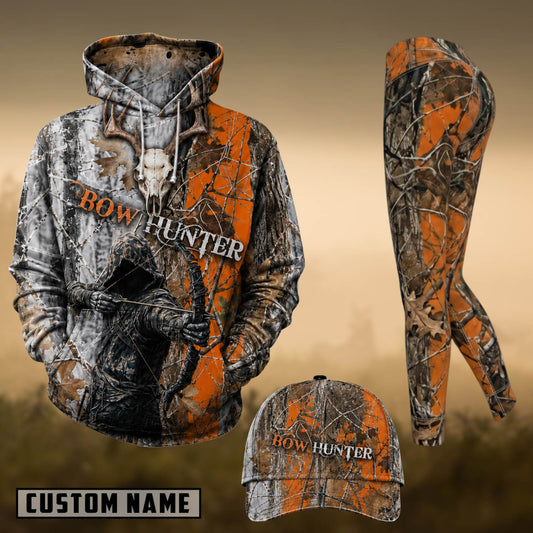Maxcorners Hunting Bow Hunter Deer Skull Orange Camo 3D Combo Hoodie, Legging Set & Cap