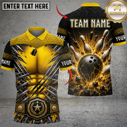 Maxcorners Bowling Yellow Black Claw Bowling Strike Personalized Name 3D Unisex Shirt
