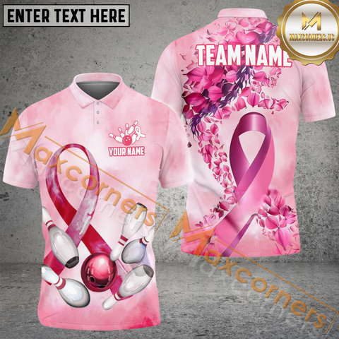 Maxcorners Breast Cancer Support Bowling Jersey Customized Name, Team Name 3D Polo Shirt