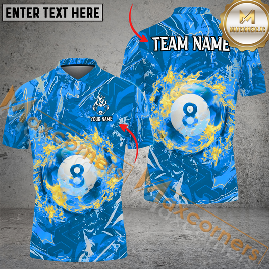 Maxcorners Ball 8 Flame Billiard Jersey Multicolor Options Personalized Name, Team Name 3D Polo Shirt (4 Colors)