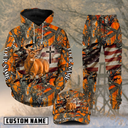 Maxcorners Hunting Whitetail Buck Blaze Orange American Flag Camo Personalized 3D Shirts