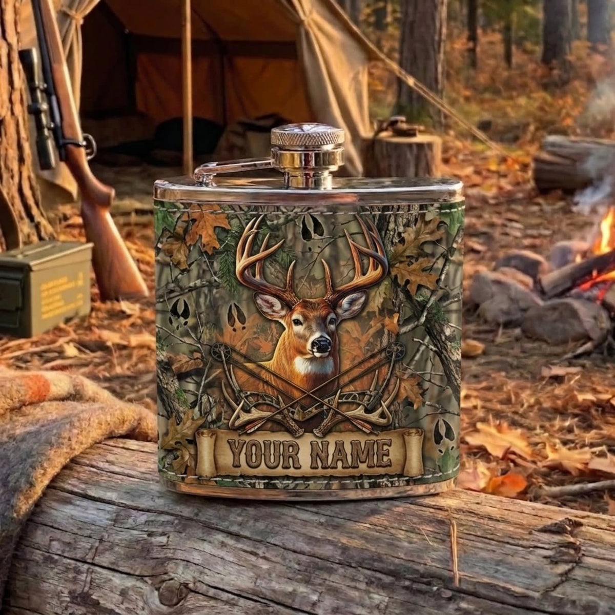 Maxcorners Hunting Whitetail Deer Woodland Camouflage Design Personalized Name 3D Hip Flask
