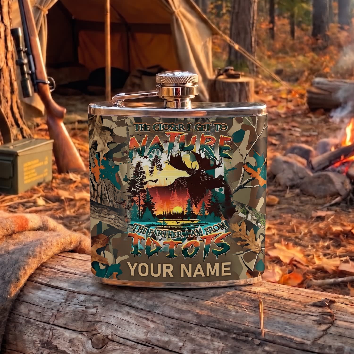 Maxcorners Hunting Nature Deer Mountain Sunset Camouflage Design Personalized Name 3D Hip Flask