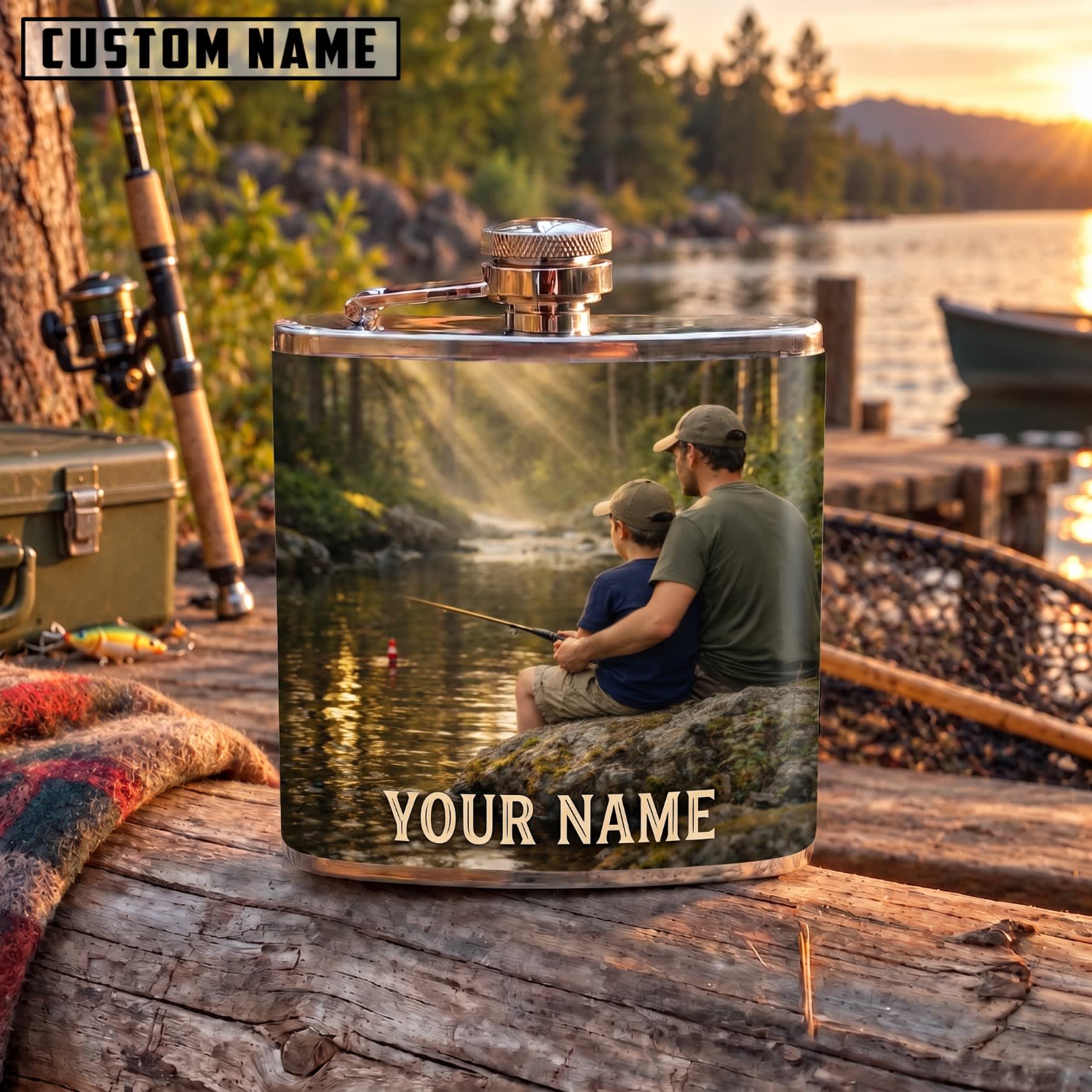 Maxcorners Fishing Fisherman Sitting By Mountain Lake Personalized Name 3D Hip Flask
