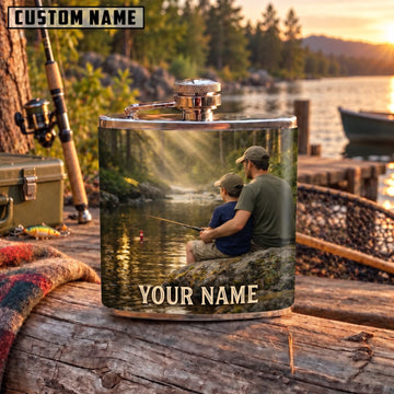 Maxcorners Fishing Fisherman Sitting By Mountain Lake Personalized Name 3D Hip Flask