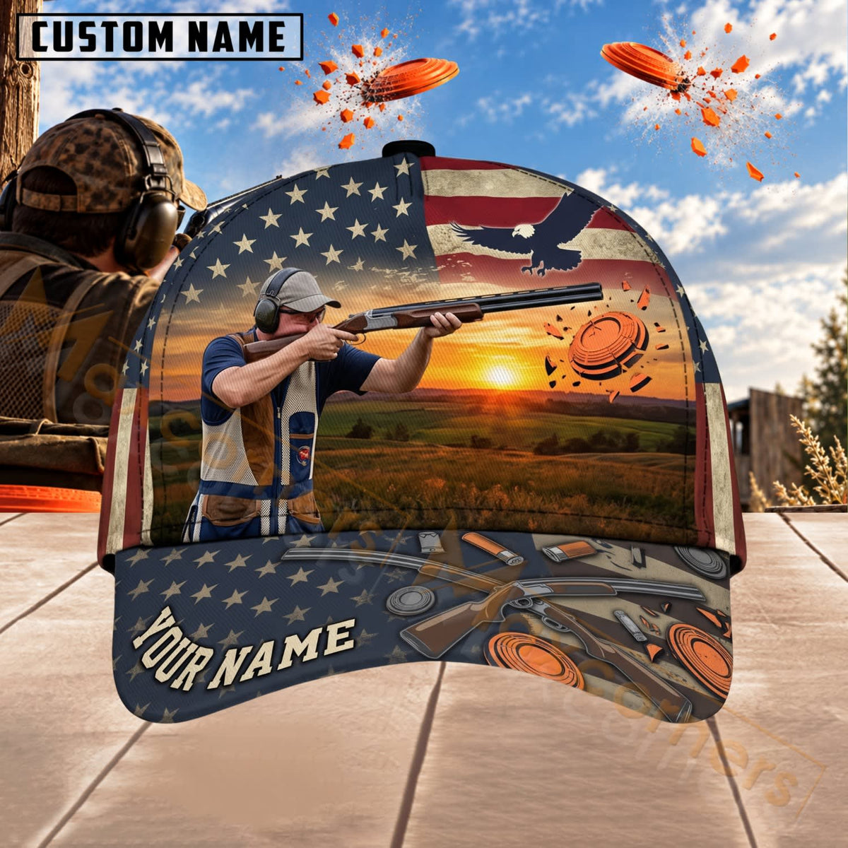 Maxcorners Trap & Skeet Shooting Patriotic Flag  Sunset Shooter Personalized Name 3D Cap