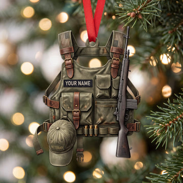 Maxcorners Veteran Olive Tactical Vest Cap And Rifle Personalized Name 3D Keychain And Ornament