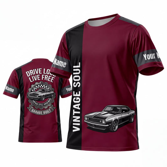 Maxcorners Personalized Car Classic Muscle Car 3D T-Shirt – Burgundy Black Vintage Soul and Silver Muscle Car