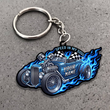 Maxcorners Hot Rod Blue Classic Car with Electric Lightning and Flame Effects Personalized Name 3D Keychain And Ornament