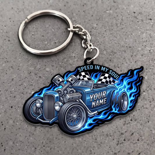 Maxcorners Hot Rod Blue Classic Car with Electric Lightning and Flame Effects Personalized Name 3D Keychain And Ornament