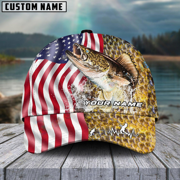 Maxcorners Walleyes Skin American Flag Fishing Customized Name Classic 3D Cap