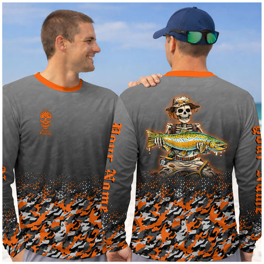 Maxcorners Skull Camo Personalized Fishing Shirt, Skeleton Angler, Skeleton Fisherman, Fishing Shirts For Men