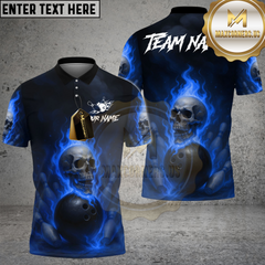 Maxcorners Bowling And Pins Fire Skull Lane Streetwear Customized Name, Team Name 3D Shirt Blue TU0207
