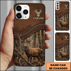 Maxcorners Artist Hunting Deer Zipper Leather Dark Brown Autumn Forest Personalized Name Phone Case