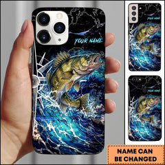 Maxcorners Walleye Electric Wave Splash Dark Blue Art Personalized Name Phone Case