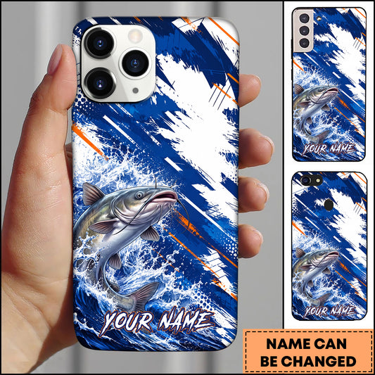 Maxcorners Fishing Blue White Brushstroke Ocean Wave Personalized Name Phone Case (12 Fish Species)