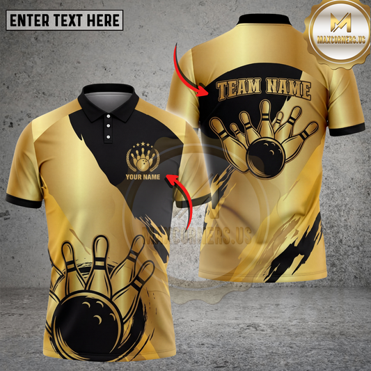 Maxcorners Bowling Polo Shirt Vintage Bowling Strike Graphic Multicolor Options Personalized Name, Team Name 3D Shirt (4 Colors)