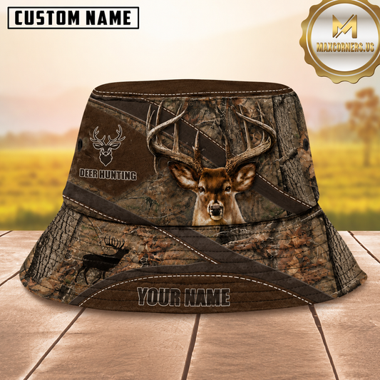 Maxcorners Buck Hunting Brown Camo Leather Stitching Personalized Name 3D Bucket Hat