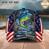 Maxcorners Fishing American Flag Metal Chain Personalized Name 3D Cap (12 Fish Species)