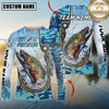 Maxcorners Fishing Blue Camo Water Splash Personalized Name, Team Name 3D Long Sleeve Shirt ( 12 Fish Species)