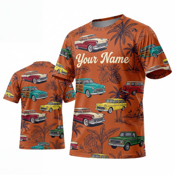 Maxcorners Personalized Car Classic Muscle Car 3D T-Shirt – Burnt Orange Personalized Name Tropical Classic Cars